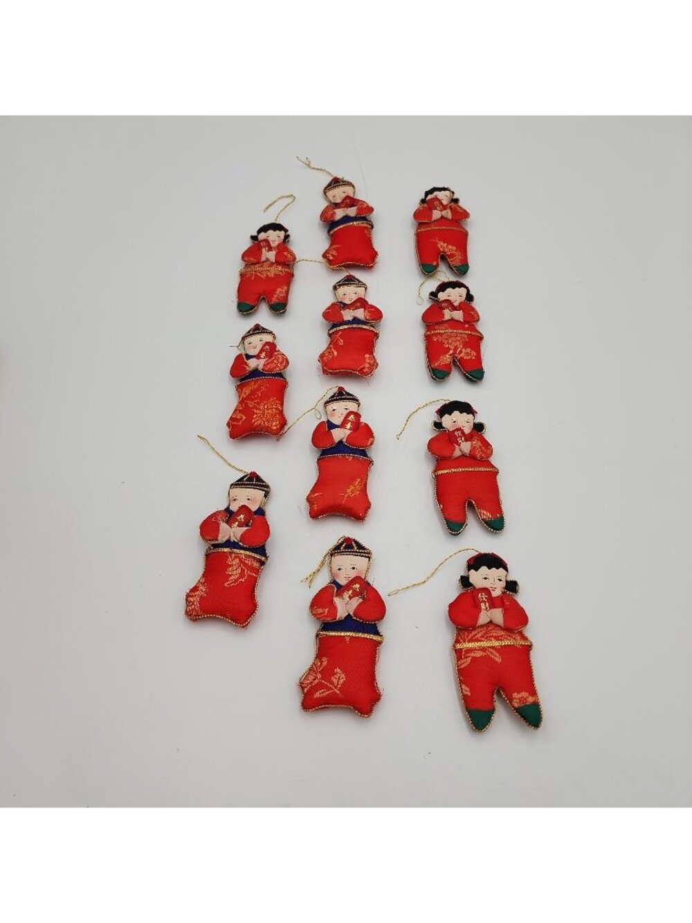 Vintage Chinese Silk Hang Ornaments Lot of 11 Asian Children Double Sided Flat